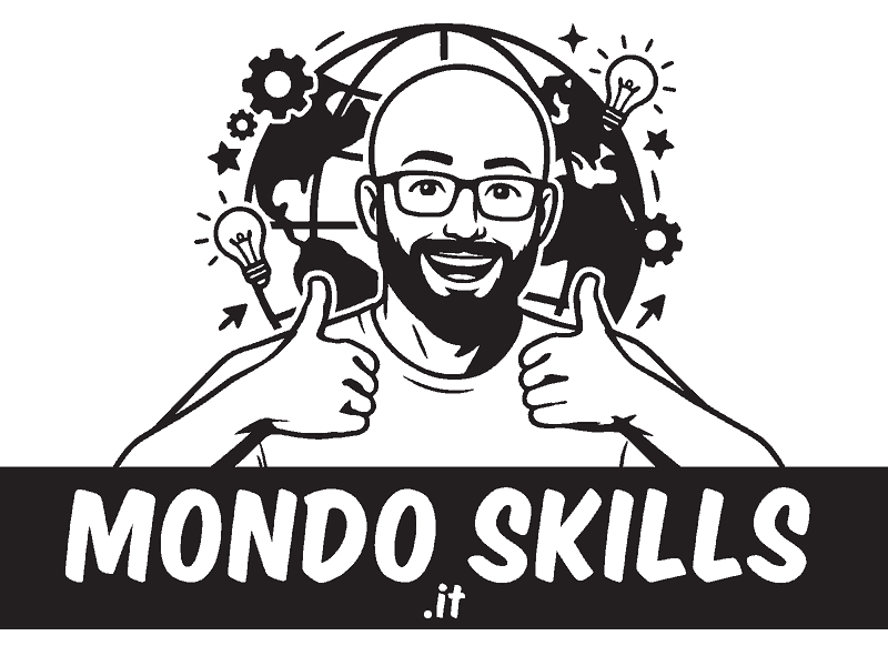 Logo MondoSkills.it: ritratto a fumetto con occhiali e barba, pollici in su, davanti a un mappamondo con ingranaggi e lampadine